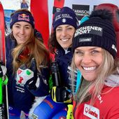 Il podio: da sn Sofia Goggia, Federica Brignone e Corinne Suter (credit Italia Team)
