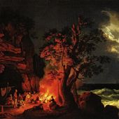 'Famiglia di pescatori attorno a un fuoco da campo con mare tempestoso'; J. P. Hackert (1737-1807)