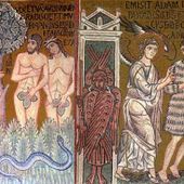 Adamo ed Eva si coprono e vengono cacciati dal Paradiso; mosaici, 1143