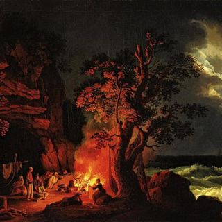 'Famiglia di pescatori attorno a un fuoco da campo con mare tempestoso'; J. P. Hackert (1737-1807)