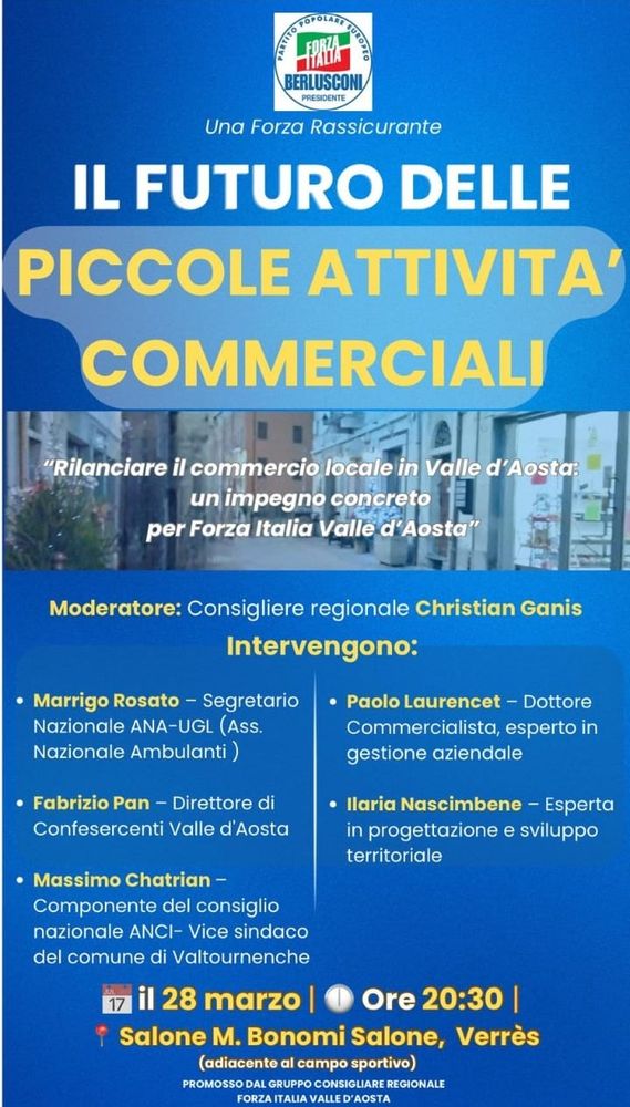 Verres, Forza Italia incontra la popolazione su 'Il futuro delle piccole attività commerciali' Verres, Forza Italia incontra la popolazione su 'Il futuro delle piccole attività commerciali'
