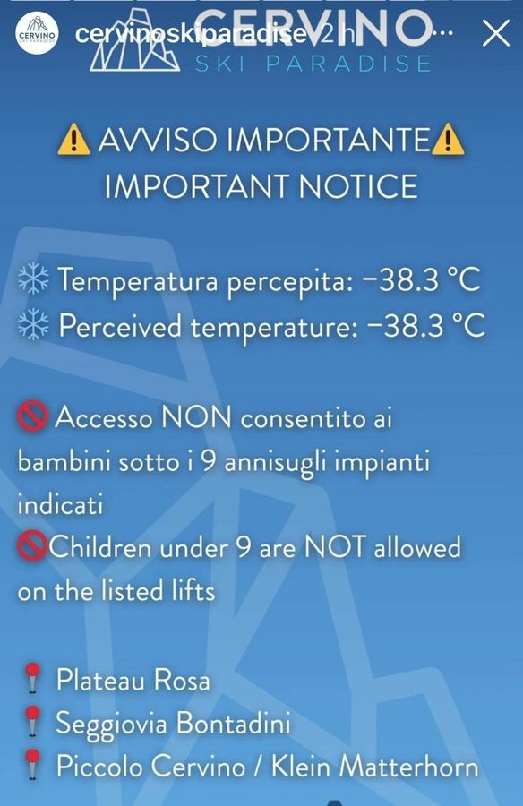 Freddo record sulle piste del Cervino Ski Paradise: percepiti -38,3 gradi e scattano le limitazioni. Neve in arrivo in Valle Freddo record sulle piste del Cervino Ski Paradise: percepiti -38,3 gradi e scattano le limitazioni. Neve in arrivo in Valle
