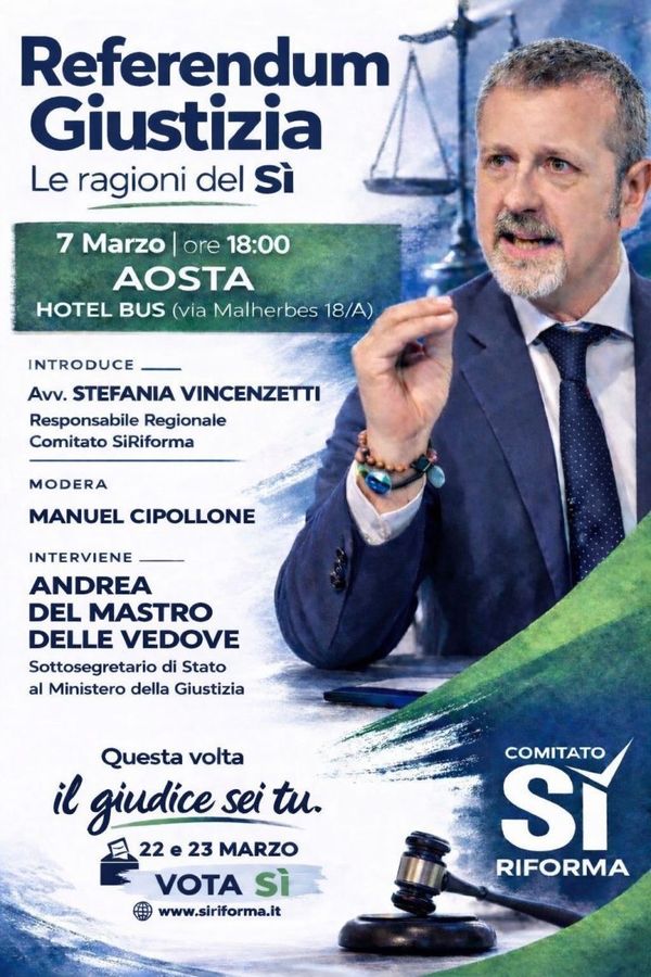 Referendum sulla giustizia, Delmastro ad Aosta per il Comitato Sì Riforma