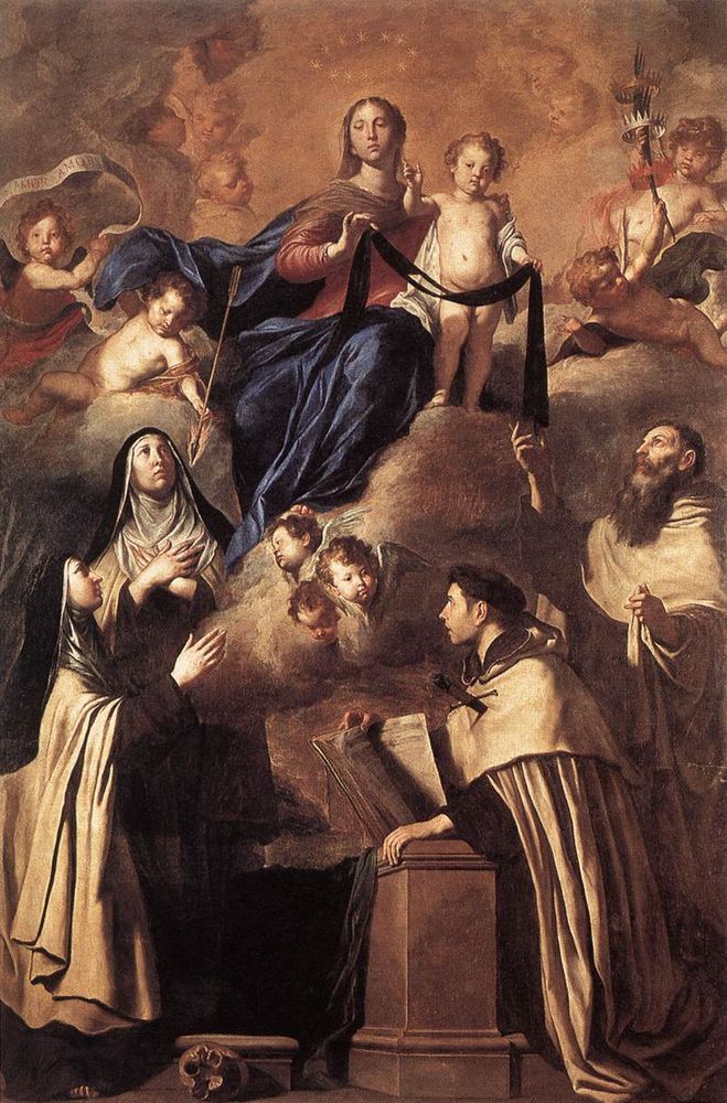 Nostra Signora del Monte Carmelo consegna lo scapolare dell'ordine ai santi Simone Stock, Angelo da Gerusalemme, Maria Maddalena de' Pazzi e Teresa d'Avila: dipinto di Pietro Novelli Nostra Signora del Monte Carmelo consegna lo scapolare dell'ordine ai santi Simone Stock, Angelo da Gerusalemme, Maria Maddalena de' Pazzi e Teresa d'Avila: dipinto di Pietro Novelli