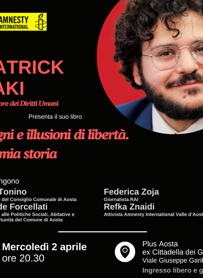 Patrick Zaki mercoledì ad Aosta presenta 'Sogni e illusioni di libertà'