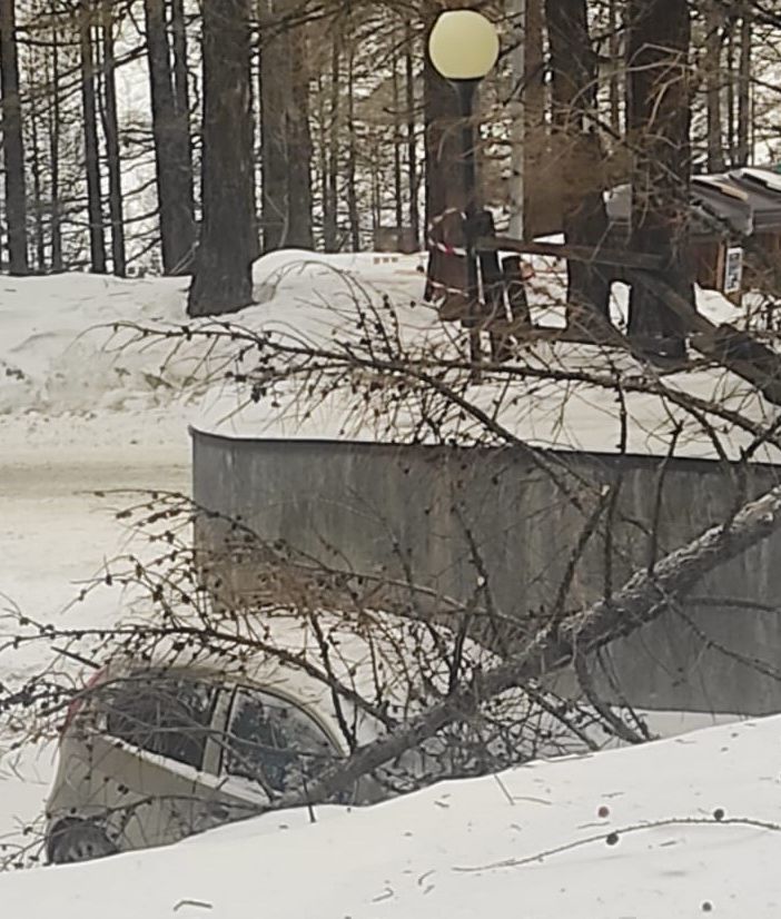 Vento forte, alberi su auto e su pista ciclabile