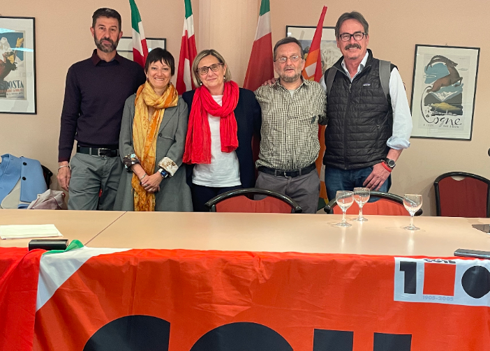 La segreteria della Cgil, da sn Fabrizio Graziola, Simona D’Agostino, la segretaria generale CGIL VdA Vilma Gaillard, Igor De Belli e Gabriele Matterana