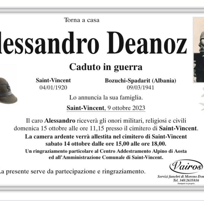 Morì in guerra nel 1941; la salma di Alessandro Déanoz torna a casa a St-Vincent