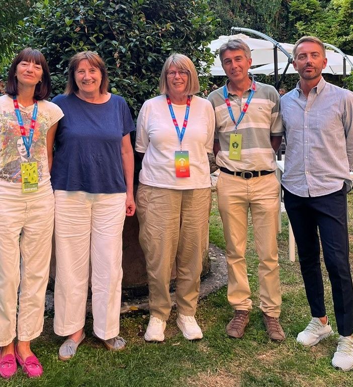 Da sn Annalisa Cittera, area mostre Forte di Bard; la presidente Ornella Badery con la presidente del Festivaletteratura Laura Baccaglioni; Michele Freppaz e Stefano Ferretti, area marketing Forte di Bard