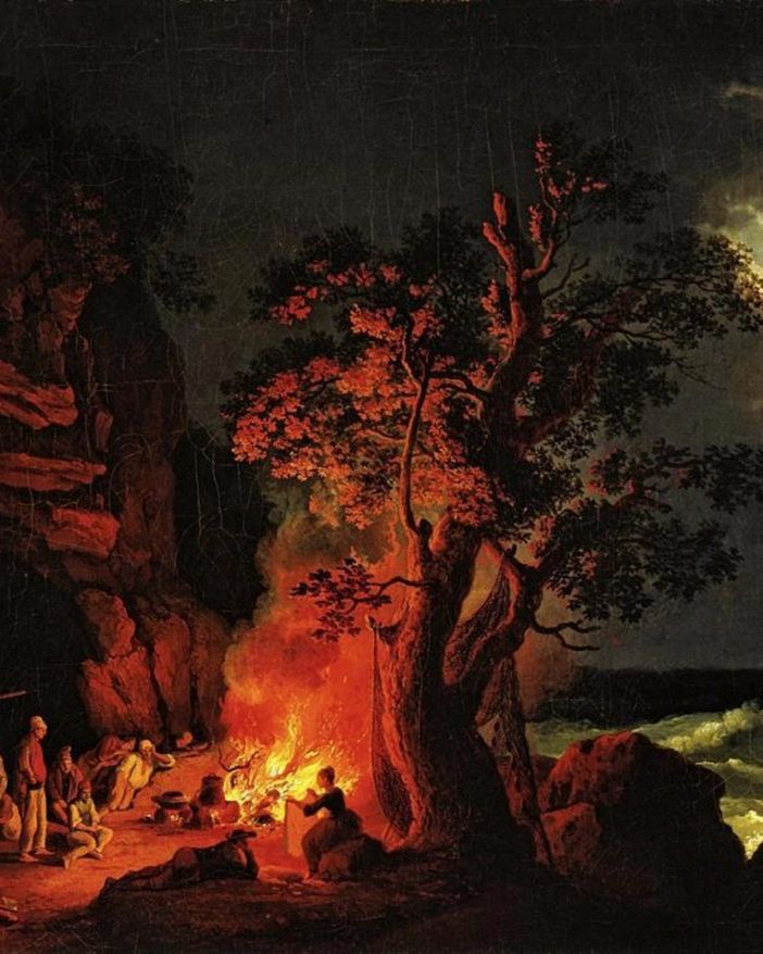 'Famiglia di pescatori attorno a un fuoco da campo con mare tempestoso'; J. P. Hackert (1737-1807)