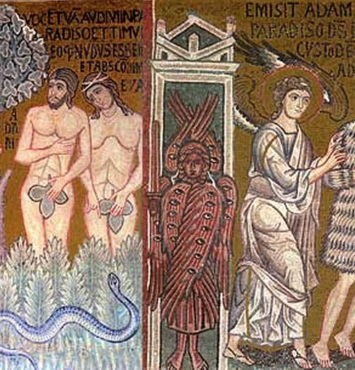 Adamo ed Eva si coprono e vengono cacciati dal Paradiso; mosaici, 1143