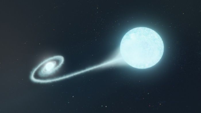 Rappresentazione artistica di una stella che ruota intorno a una compagna, perdendo materia prima di esplodere (fonte: Adam Makarenko/W. M. Keck Observatory)