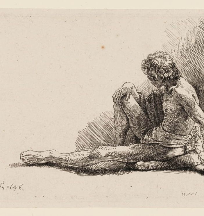 'Uomo nudo seduto per terra con una gamba tesa' (1646), di Rembrandt van Rijn