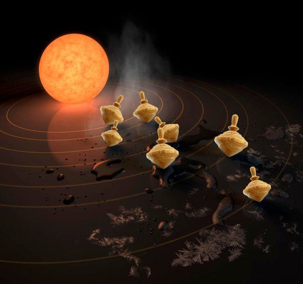 Rappresentazione allegorica dell’analogia tra pianeti e trottole. Crediti: NASA, JPL-Caltech e Sarah Milholland