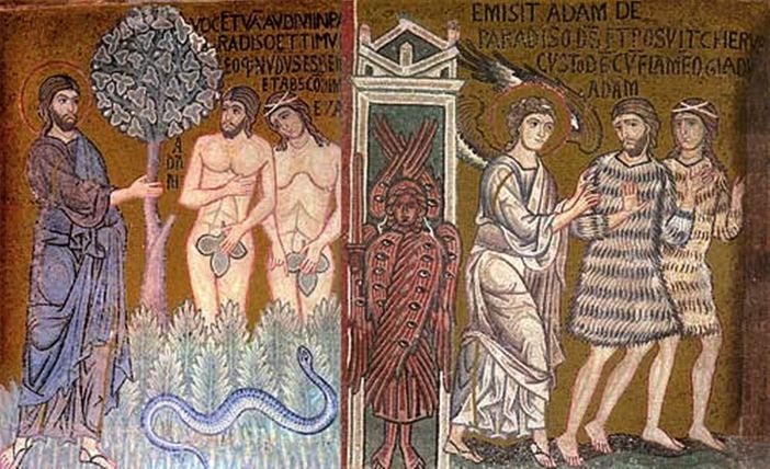 Adamo ed Eva si coprono e vengono cacciati dal Paradiso; mosaici, 1143 Adamo ed Eva si coprono e vengono cacciati dal Paradiso; mosaici, 1143