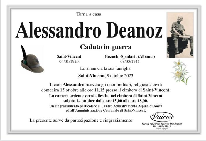 Morì in guerra nel 1941; la salma di Alessandro Déanoz torna a casa a St-Vincent Morì in guerra nel 1941; la salma di Alessandro Déanoz torna a casa a St-Vincent