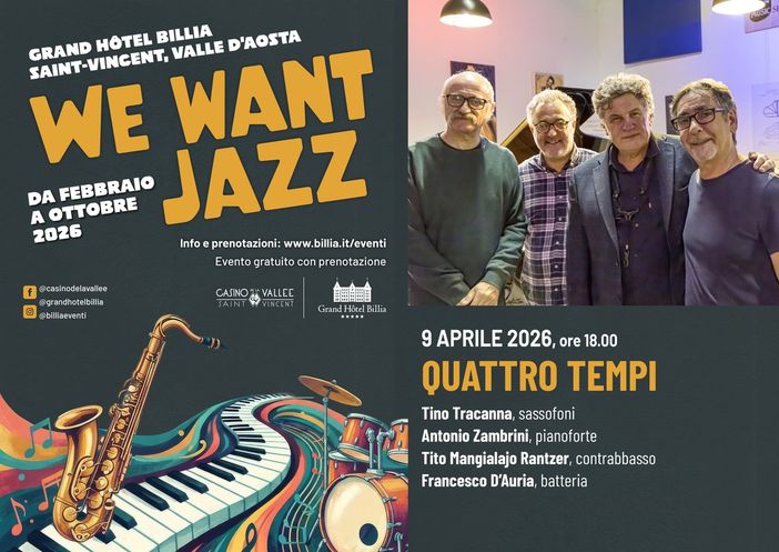 We Want Jazz 2026, terzo appuntamento al G.H. Billia con 'Quattro Tempi' We Want Jazz 2026, terzo appuntamento al G.H. Billia con 'Quattro Tempi'