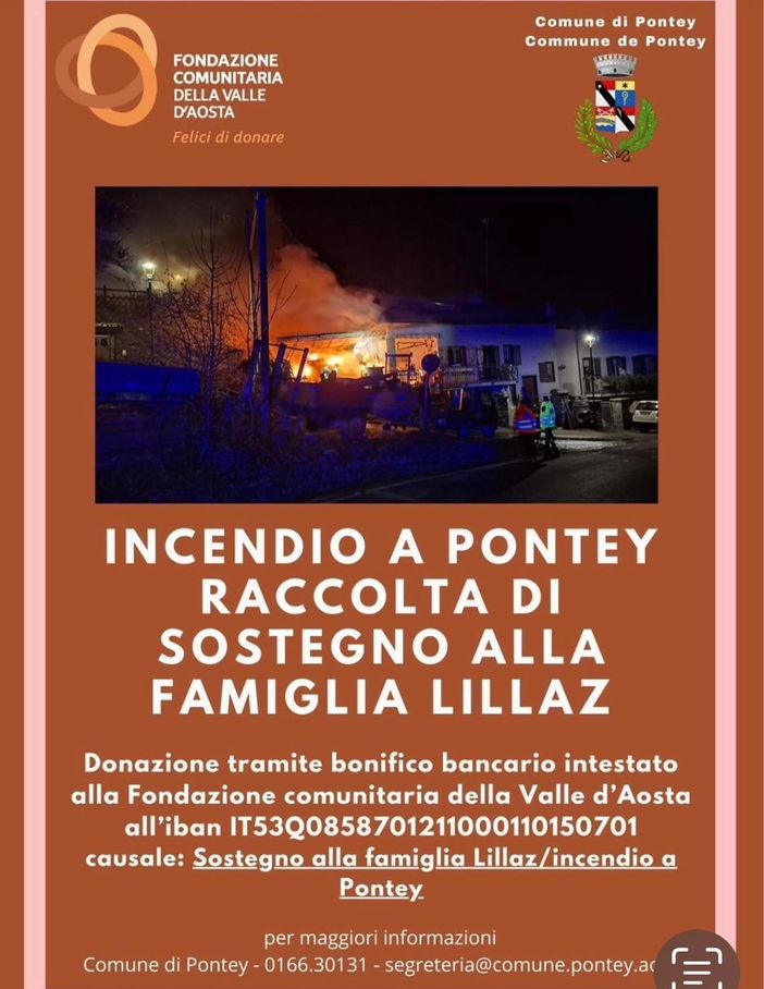 Raccolta fondi per sostenere la famiglia colpita dall’incendio a Pontey
