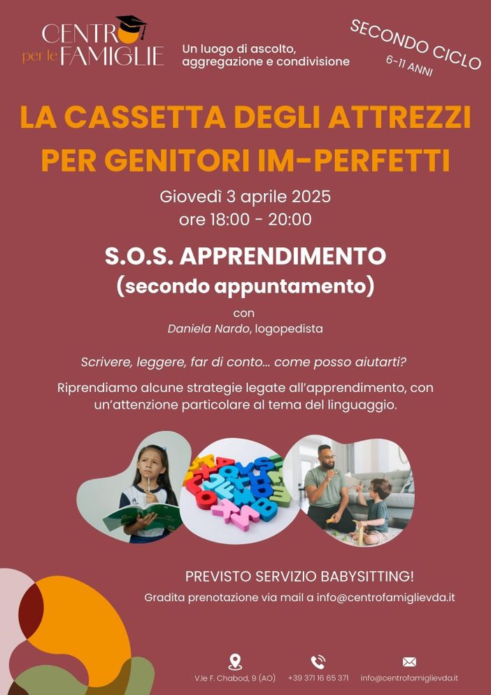 Genitori e sfide educative, i temi di aprile al 'Centro per le famiglie' di Aosta