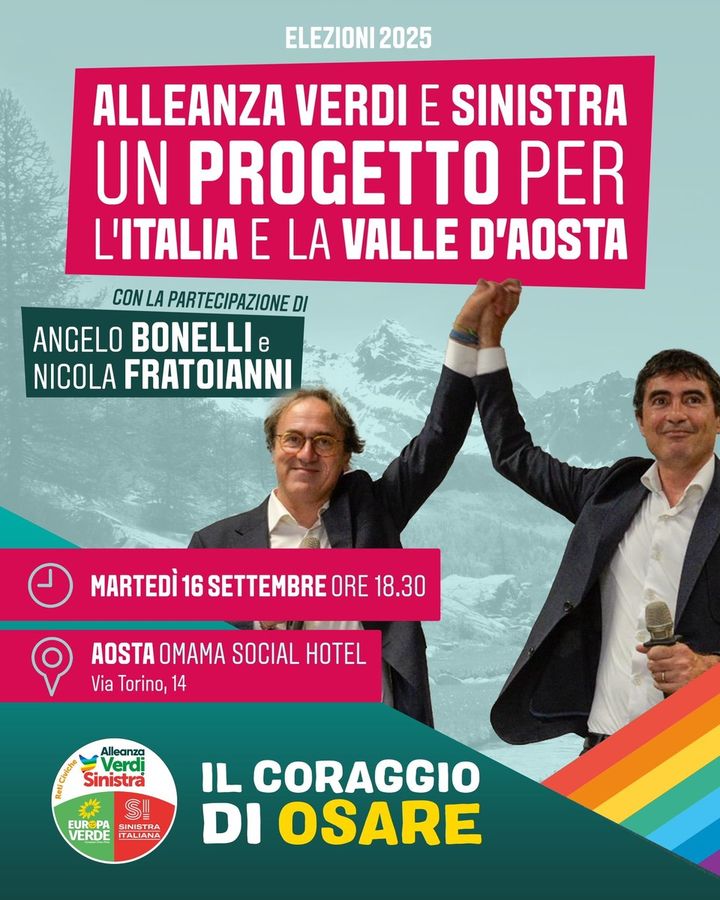 AVS, Bonelli e Fratoianni martedì ad Aosta: ambiente e diritti al centro della sfida AVS, Bonelli e Fratoianni martedì ad Aosta: ambiente e diritti al centro della sfida