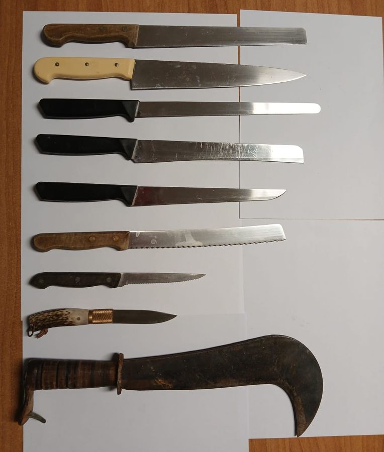 I coltelli e la roncola sequestrati all'uomo I coltelli e la roncola sequestrati all'uomo