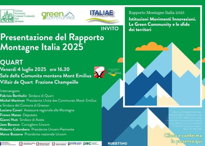 A Quart, venerdì 4 luglio, la presentazione del Rapporto 'Montagne Italia 2025' dell'Uncem
