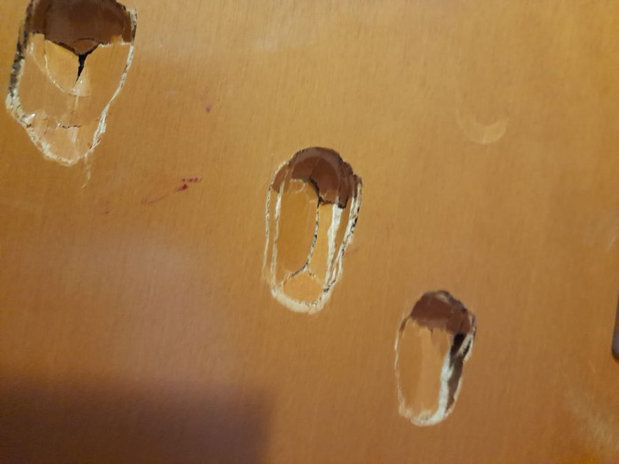I segni delle violente martellate alla porte del condominio I segni delle violente martellate alla porte del condominio