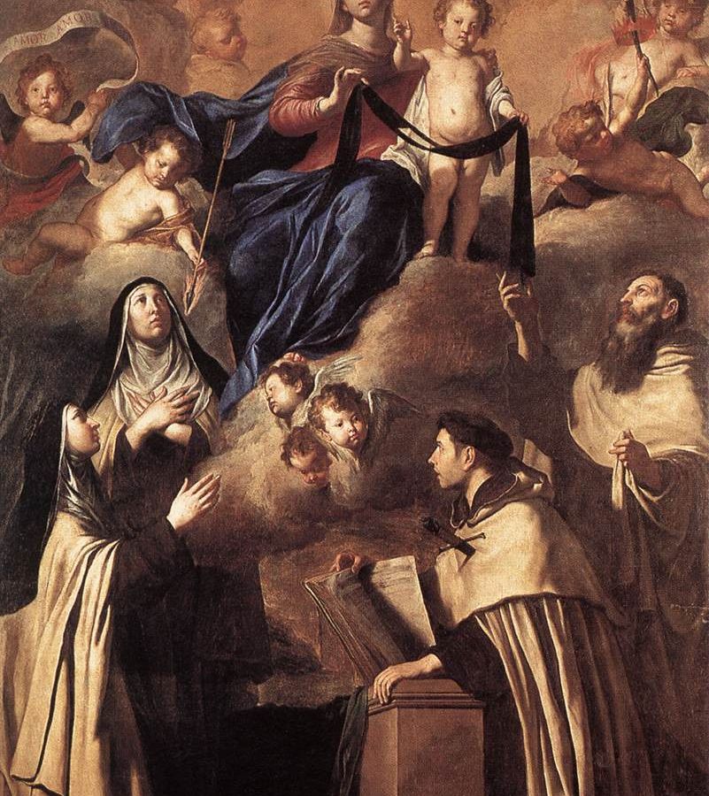 Nostra Signora del Monte Carmelo consegna lo scapolare dell'ordine ai santi Simone Stock, Angelo da Gerusalemme, Maria Maddalena de' Pazzi e Teresa d'Avila: dipinto di Pietro Novelli