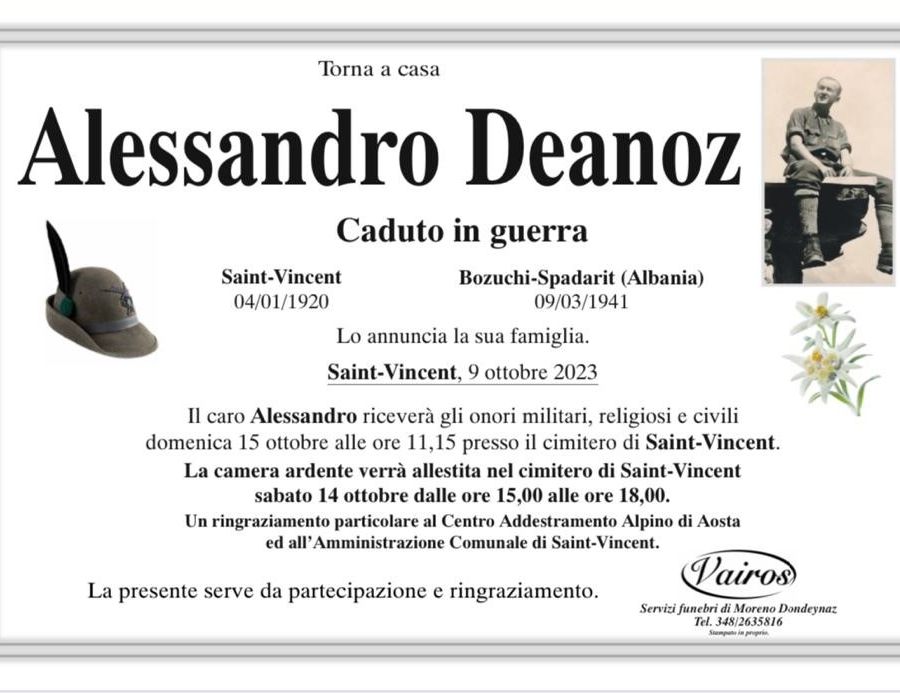 Morì in guerra nel 1941; la salma di Alessandro Déanoz torna a casa a St-Vincent