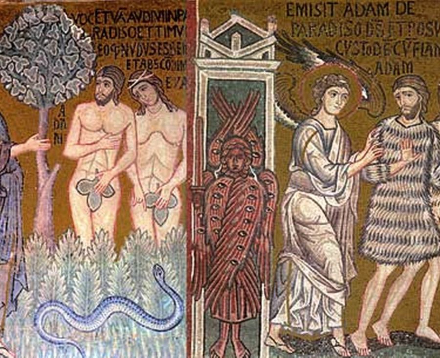 Adamo ed Eva si coprono e vengono cacciati dal Paradiso; mosaici, 1143