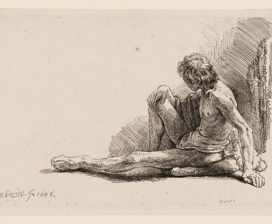 'Uomo nudo seduto per terra con una gamba tesa' (1646), di Rembrandt van Rijn