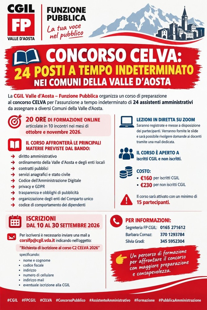 Concorso Celva per assistenti amministrativi, corso di preparazione della Fp Cgil