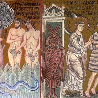 Adamo ed Eva si coprono e vengono cacciati dal Paradiso; mosaici, 1143