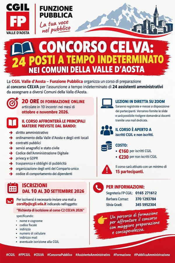Concorso Celva per assistenti amministrativi, corso di preparazione della Fp Cgil Concorso Celva per assistenti amministrativi, corso di preparazione della Fp Cgil