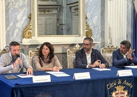 Un momento della conferenza stampa; da sn Laurent Vicquéry, Arnela Pepelar, Marco Gheller e Angelo Aresu