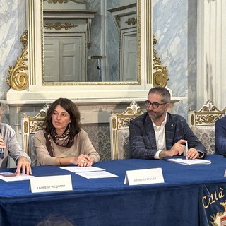 Un momento della conferenza stampa; da sn Laurent Vicquéry, Arnela Pepelar, Marco Gheller e Angelo Aresu