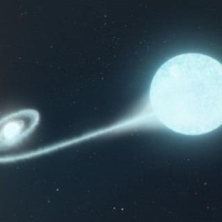 Rappresentazione artistica di una stella che ruota intorno a una compagna, perdendo materia prima di esplodere (fonte: Adam Makarenko/W. M. Keck Observatory)