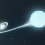 Rappresentazione artistica di una stella che ruota intorno a una compagna, perdendo materia prima di esplodere (fonte: Adam Makarenko/W. M. Keck Observatory)