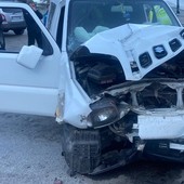 Il fuoristrada 'Suzuki' ribaltatosi sulla strada del Giomein