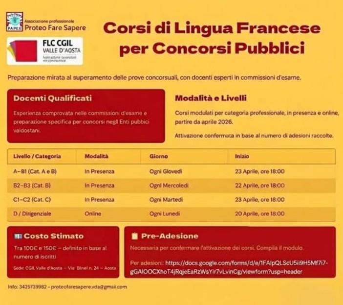 Francese per insegnare, Flc Cgil VdA organizza un corso di preparazione all'accertamento linguistico