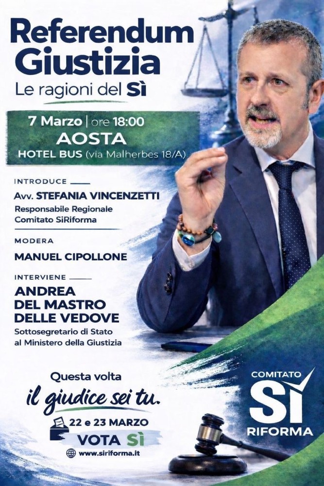 Referendum sulla giustizia, Delmastro ad Aosta per il Comitato Sì Riforma