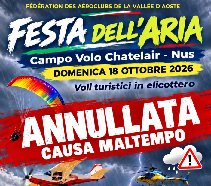Fénis, annullata per il maltempo previsto la Festa dell’Aria del 18 ottobre Fénis, annullata per il maltempo previsto la Festa dell’Aria del 18 ottobre