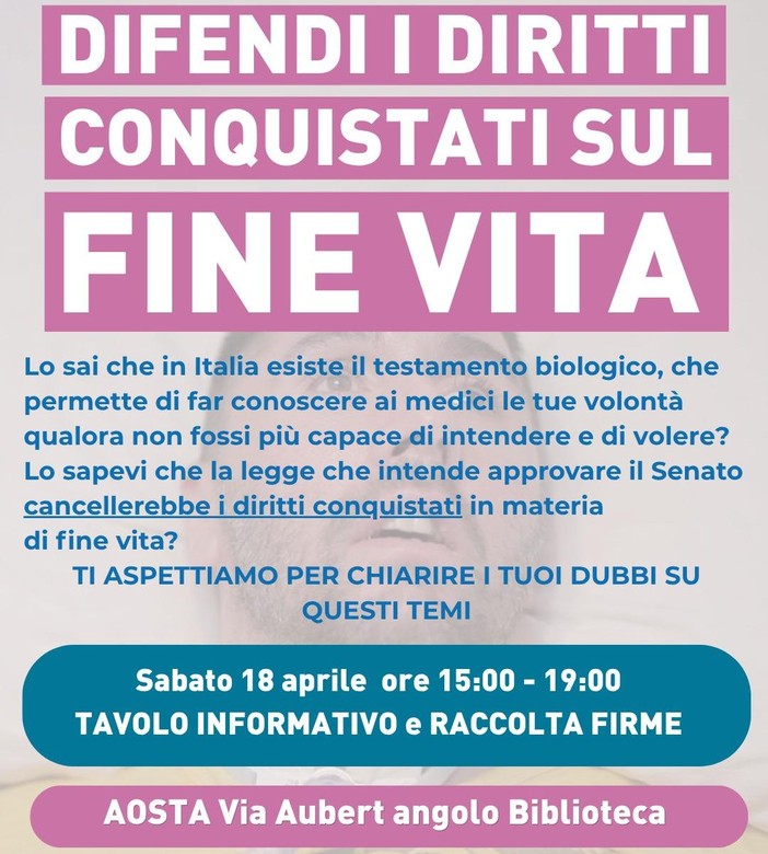 Fine vita, anche ad Aosta la mobilitazione dell’associazione 'Luca Coscioni'