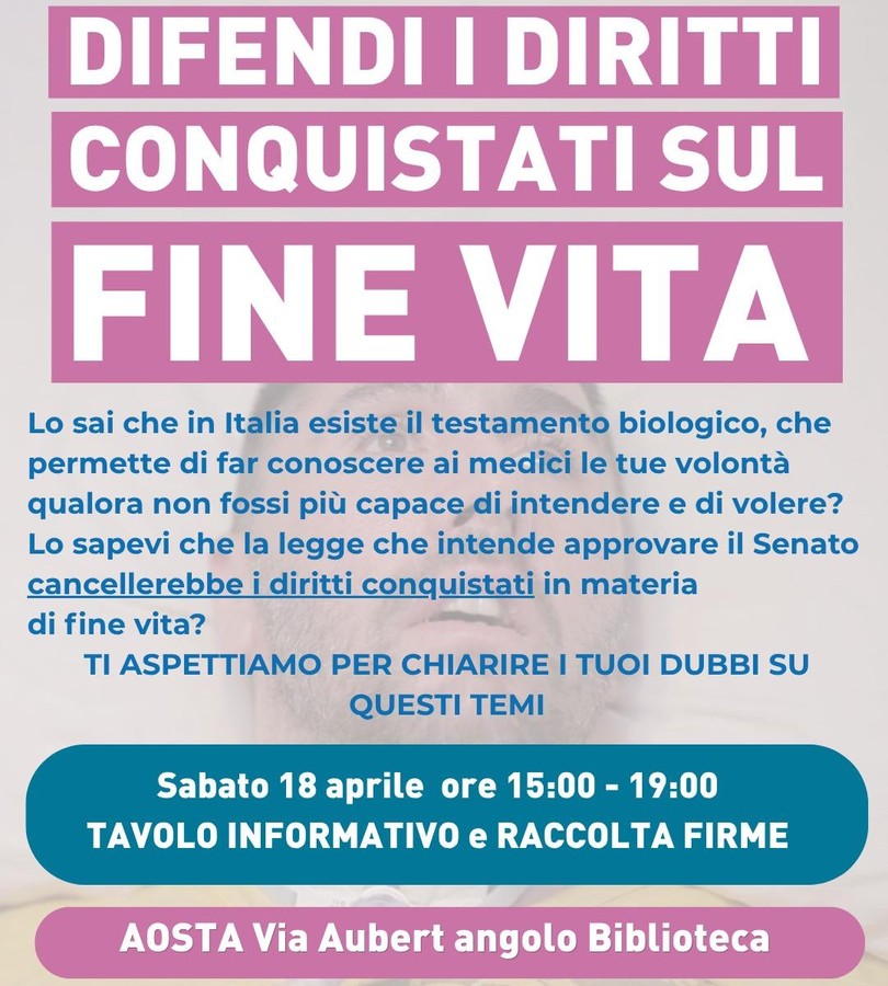 Fine vita, anche ad Aosta la mobilitazione dell’associazione 'Luca Coscioni' Fine vita, anche ad Aosta la mobilitazione dell’associazione 'Luca Coscioni'