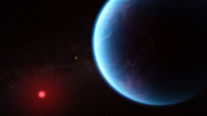 Rappresentazione artistica di K2-18b. Crediti: Nasa, Csa, Esa, J. Olmsted (Stsci), N. Madhusudhan (Cambridge University)