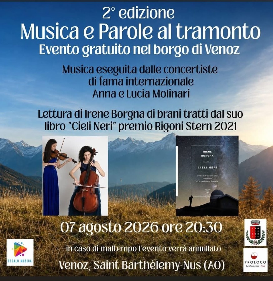 Musica e parole al tramonto; a Venoz di Nus una serata tra note e letteratura sotto il cielo della Valle